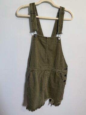 Free People Olive Green Overall skirt Fray Hem Utility Boho Festival Dungarees